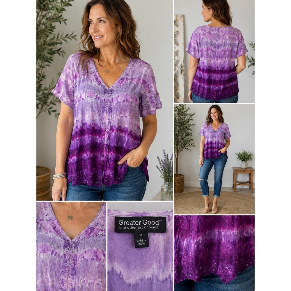 GREATER GOOD Purple Tie Dye Embroidered Boho Top Women's 1X Short Sleeve Fairyco
